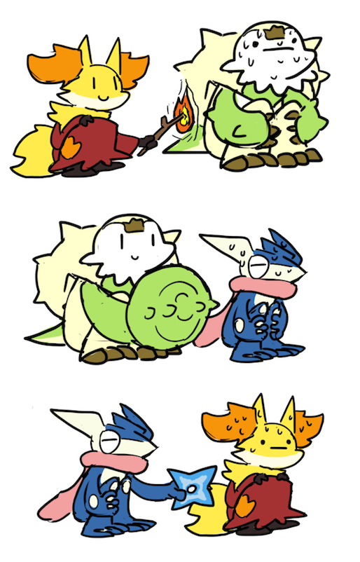 10s, chesnaught, delphox, greninja, no_humans, plainwhite, pokemon, pokemon_(game)