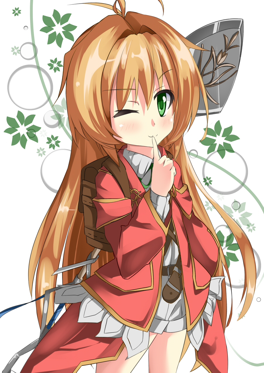 1girl, ai_(kaminai), antenna_hair, backpack, bag, blush, brown_hair, finger_to_mouth, green_eyes, highres, jacket, kamisama_no_inai_nichiyoubi, long_hair, one_eye_closed, shorts, shovel, smile, solo, su-suke, wink, worktool
