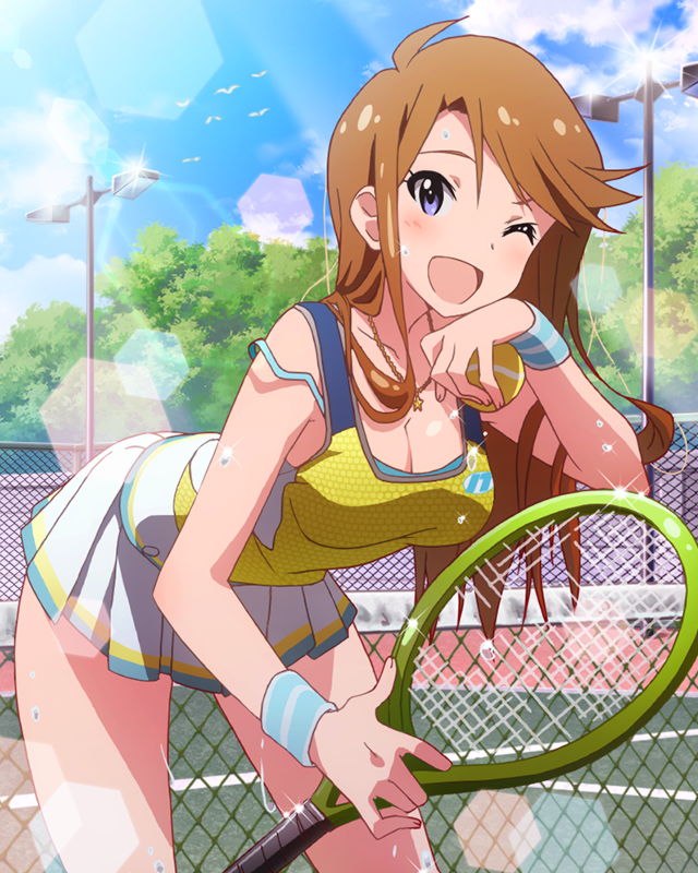 1girl, ;d, artist_request, bent_over, blue_eyes, blush, breasts, brown_hair