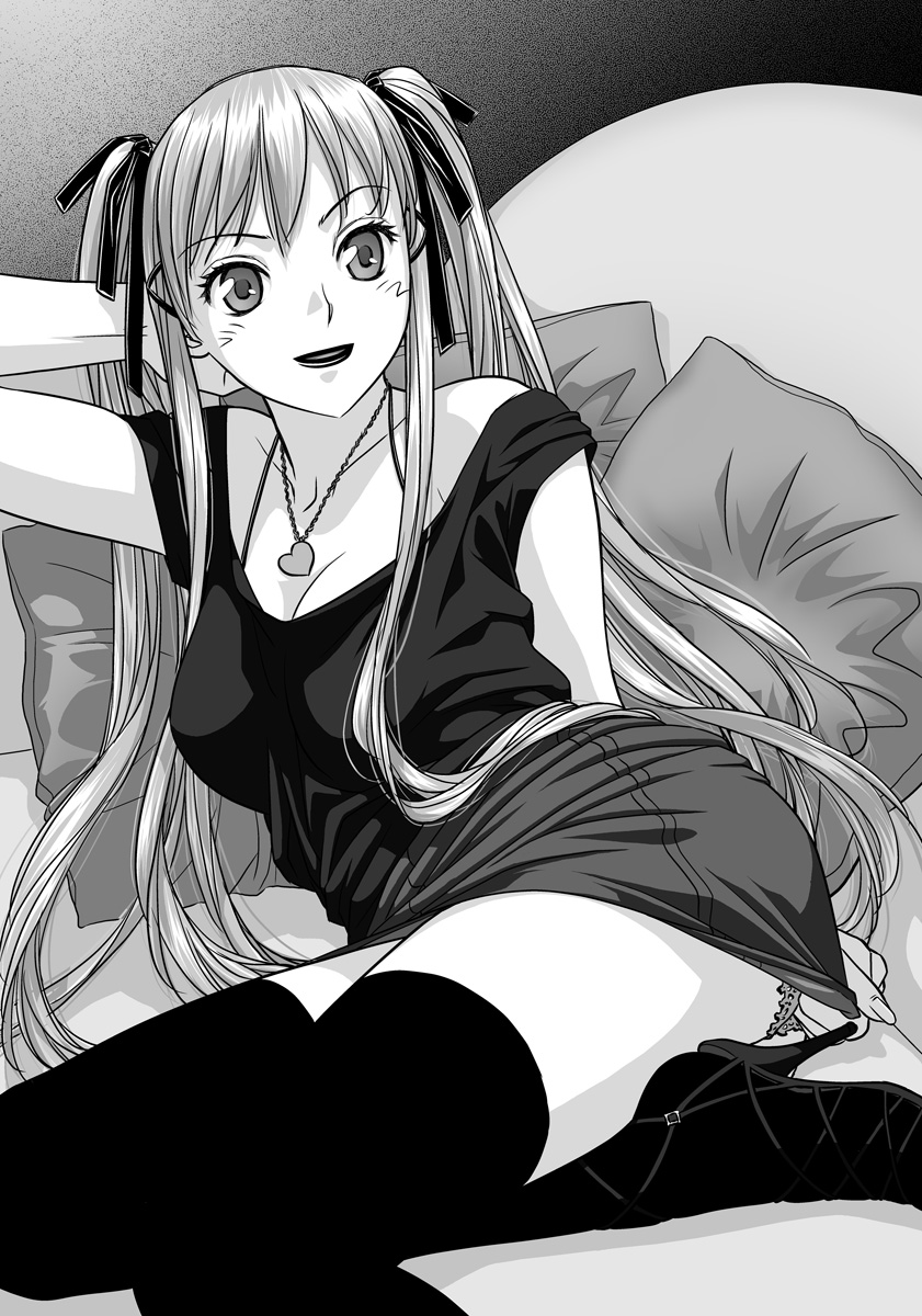 1boy, breasts, crossdressinging, hair_ribbon, hanabusu_arisu, hand_behind_head, high_heels, highres, jewelry, kagosaka_mahiro, lipstick, lying, makeup, male_focus, monochrome, my_doll_house, necklace, newhalf, on_side, original, panties, parted_lips, pillow, ribbon, sandals, skirt, skirt_pull, smile, solo, thigh-highs, twintails, underwear, yui_toshiki, zettai_ryouiki