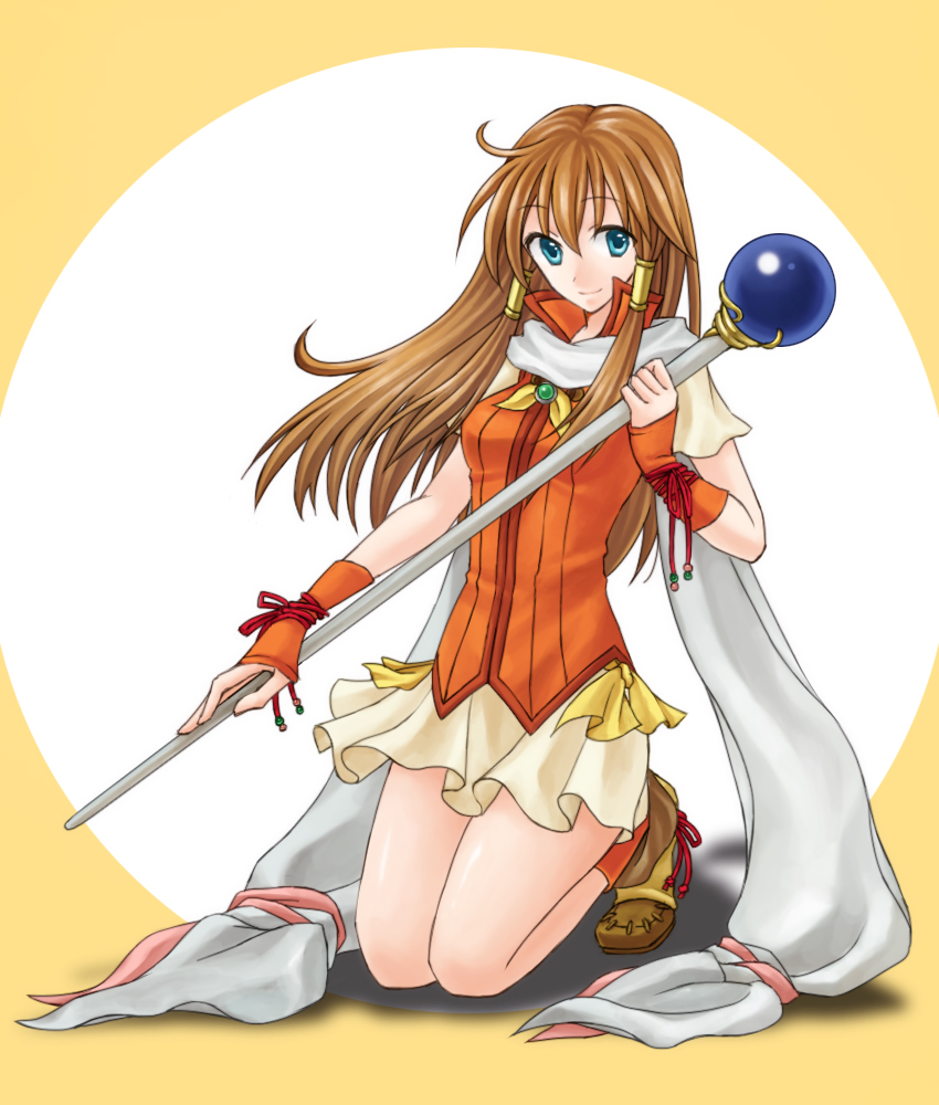 1girl, arm_warmers, bare_legs, blue_eyes, boots, brown_hair, fire_emblem, fire_emblem:_akatsuki_no_megami