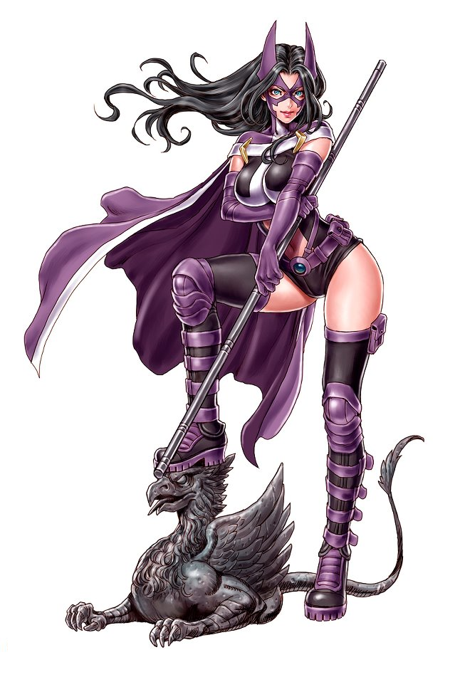 1girl, armor, batman_(series), belt, belt_pouch, black_hair, blue_eyes, boots