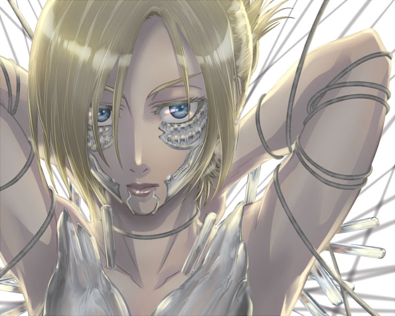 1girl, akabane3, annie_leonhardt, armor, armpits, arms_behind_back, arms_up, bangs