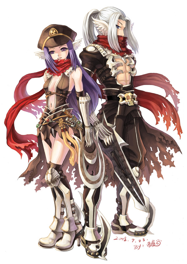 assassin_cross, bare_shoulders, belt, breasts, cap, cleavage, hat, head_wings
