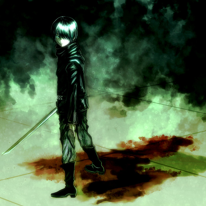 1boy, black_hair, blood, boots, gun, hair_over_one_eye, looking_at_viewer, male_focus, mpd_psycho, nishizono_tetora, sakakami, solo, sword, weapon