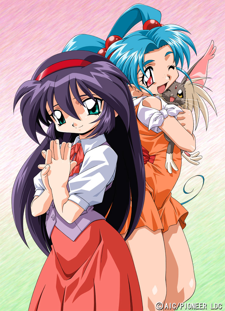 2girls, amano_misao_(pretty_sammy), aqua_eyes, artist_request, black_hair, blue_hair, dress, female