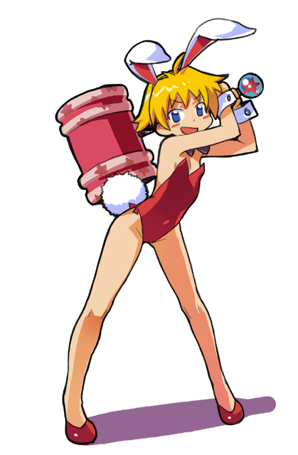 bare_legs, blonde_hair, blue_eyes, bunny_ears, bunnysuit, flat_chest, hammer, keio, legs, mallet, nanahikari_rami, oohara_kyuutarou, piko_piko_hammer, rabbit_ears, shoes, short_hair