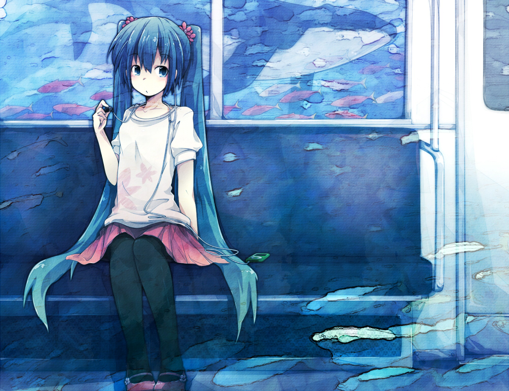 1girl, blue_eyes, blue_hair, earphones, earphones, fish, hatsune_miku, lama_(kusuriya), long_hair, orca, pantyhose, sitting, skirt, solo, twintails, very_long_hair, vocaloid, yamaha