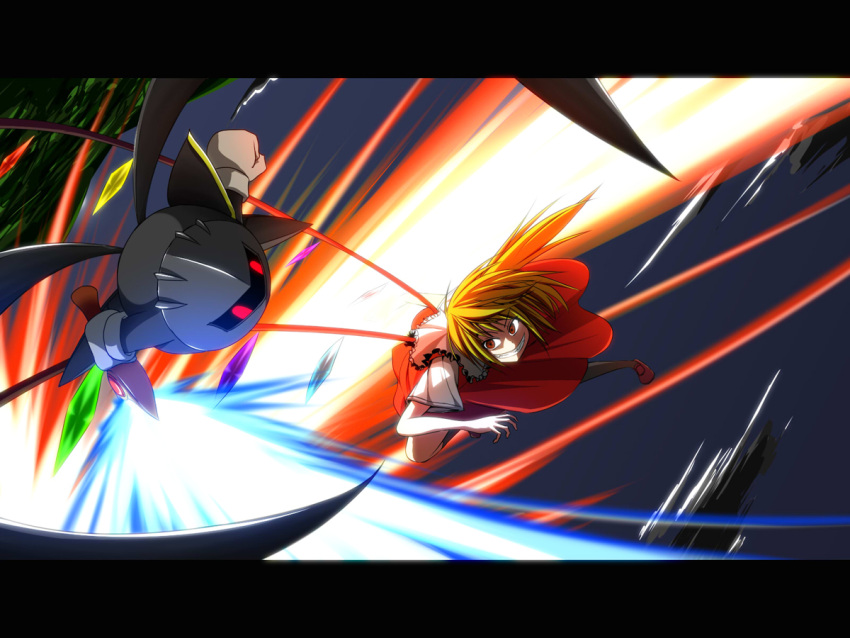 1girl, bat_wings, battle, beam, crossover, crystal, demon_wings, dress, evil_smile, flandre_scarlet, kirby_(series), mask, meta_knight, radia, red_dress, red_eyes, smile, sword, touhou, vampiry, weapon, wings