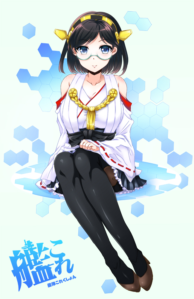 1girl, aqua_eyes, black_hair, black_legwear, blush, breasts, collarbone, copyright_name