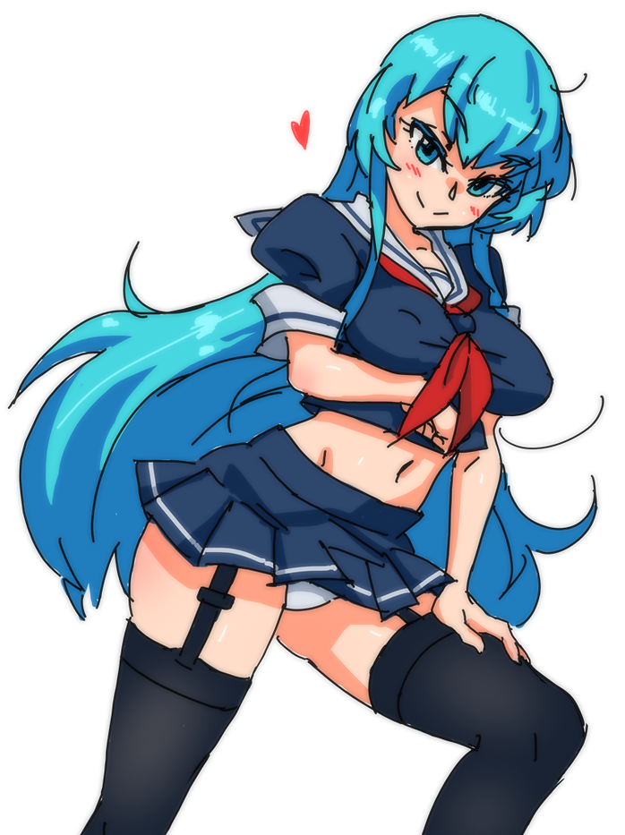 1girl, akame_ga_kill!, black_legwear, blue_eyes, blue_hair, blush, breast_hold, breasts