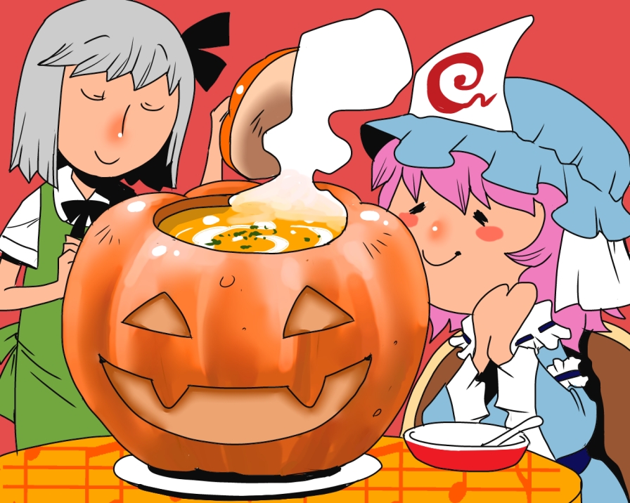 2girls, apron, blush, closed_eyes, dish, food, hairband, halloween