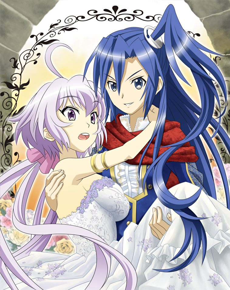 2girls, ahoge, bad_id, bare_shoulders, blue_eyes, blue_hair, bride, carrying