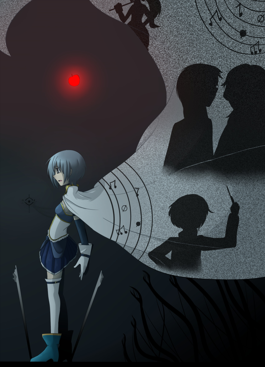 1boy, 3girls, absurdres, apple, blue_boots, blue_eyes, blue_hair, blue_skirt, boots, cape, food, fruit, gloves, grief_seed, highres, i'm_such_a_fool, iimagica, kamijou_kyousuke, magical_girl, mahou_shoujo_madoka_magica, miki_sayaka, multiple_girls, musical_note, open_mouth, pleated_skirt, sakura_kyouko, shadow, shizuki_hitomi, short_hair, skirt, spoilers, staff_(music), sword, symbolism, thigh-highs, weapon