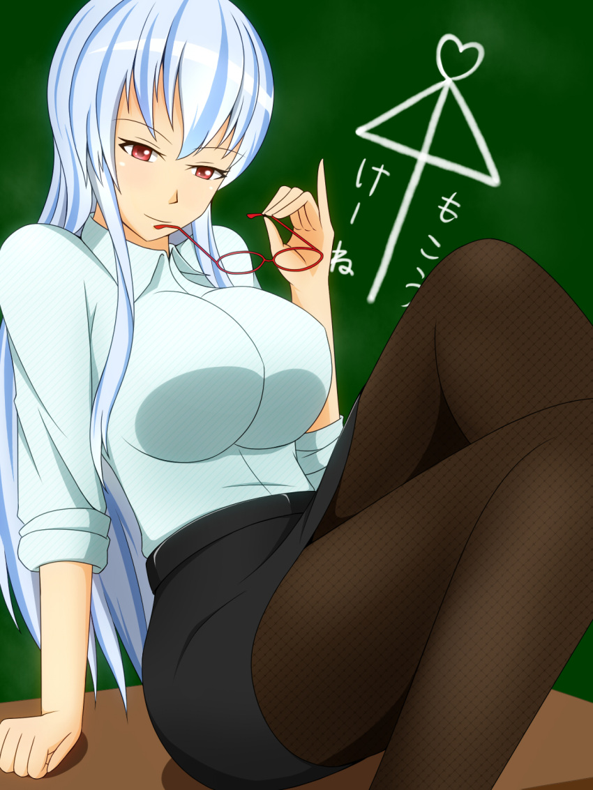 1girl, ai_ai_gasa, arm_support, blue_hair, breasts, chalkboard, desk, female