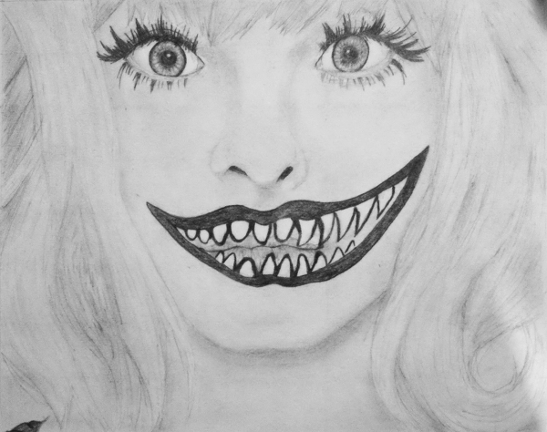 1girl, creepy, female, grin, kyary_pamyu_pamyu, monochrome, smile, solo