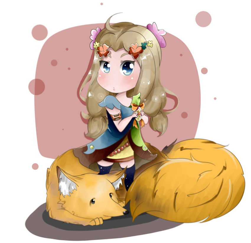 1girl, ahoge, blue_eyes, blue_legwear, blush, brown_hair, chibi, flower, fox, full_body, hair_flower, hair_ornament, highres, holding, long_hair, looking_at_viewer, low-tied_long_hair, original, shi, thigh-highs, tied_hair