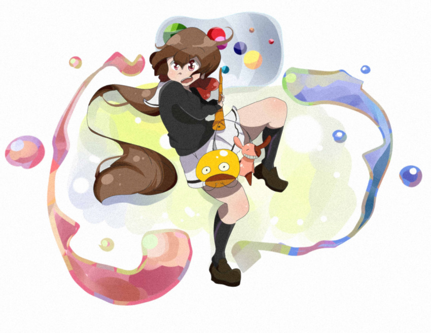 1girl, black_legwear, brown_hair, full_body, hair_between_eyes, highres, holding, kneehighs, kyousougiga, loafers, long_hair, long_sleeves, mallet, miniskirt, open_mouth, red_eyes, school_uniform, serafuku, shi, shoes, skirt, solo, standing, standing_on_one_leg, stuffed_toy, very_long_hair