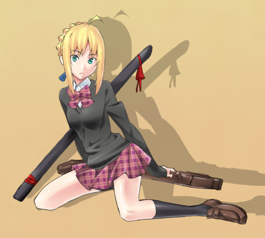 1girl, ahoge, blonde_hair, bow, fate_(series), green_eyes, kurai_nao, plaid