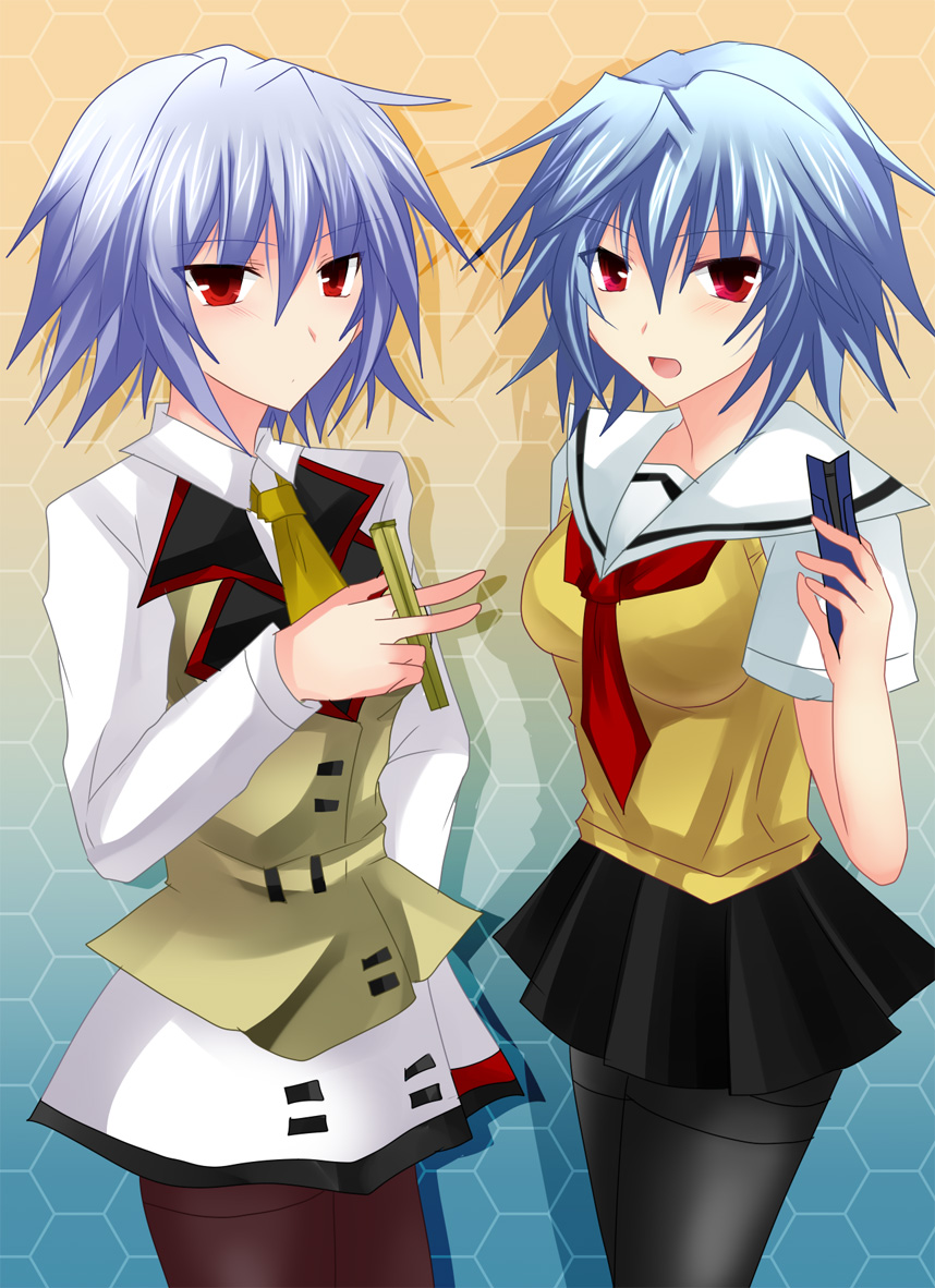 2girls, ben-tou, black_legwear, blue_hair, chopsticks, cosplay, costume_switch, crossover