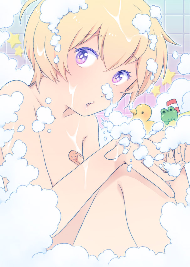 1boy, androgynous, bandaid, bandaids_on_nipples, bath, bathing, blonde_hair, bubble_bath