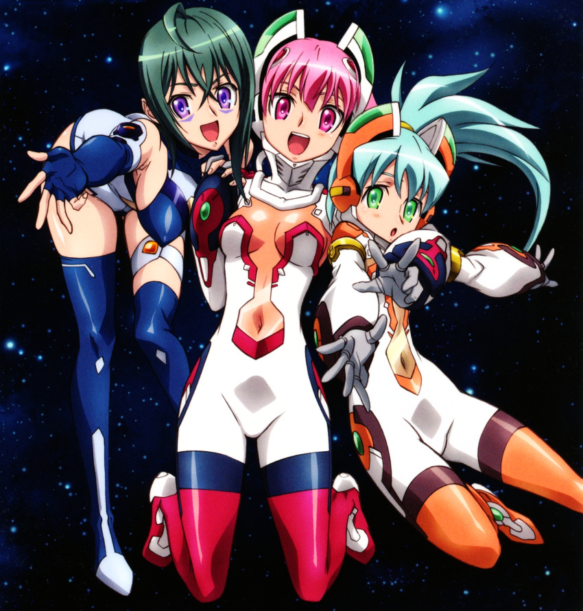 3girls, ahoge, bent_over, bodysuit, breasts, erect_nipples, gloves, green_eyes