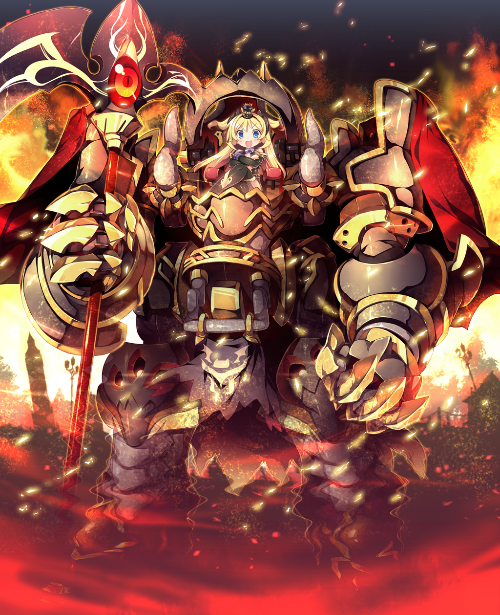 1girl, akuma_de_oshioki!, blade_(galaxist), blonde_hair, blue_eyes, corona_(akuma_de_oshioki!), crossed_arms, fire, halberd, highres, legs_crossed, long_hair, mecha, polearm, sitting, solo, twintails, weapon