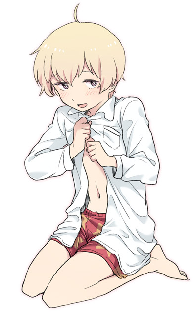 1boy, ahoge, blonde_hair, blush, boxers, child, haru_(tsuritama), male_focus
