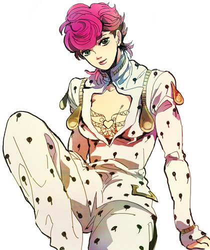 1girl, bruno_buccellati, bruno_bucciarati, bruno_bucciarati_(cosplay), cleavage_cutout, cosplay, green_eyes, guido_mista, jojo_no_kimyou_na_bouken, lowres, pink_hair, short_hair, solo, trish_una