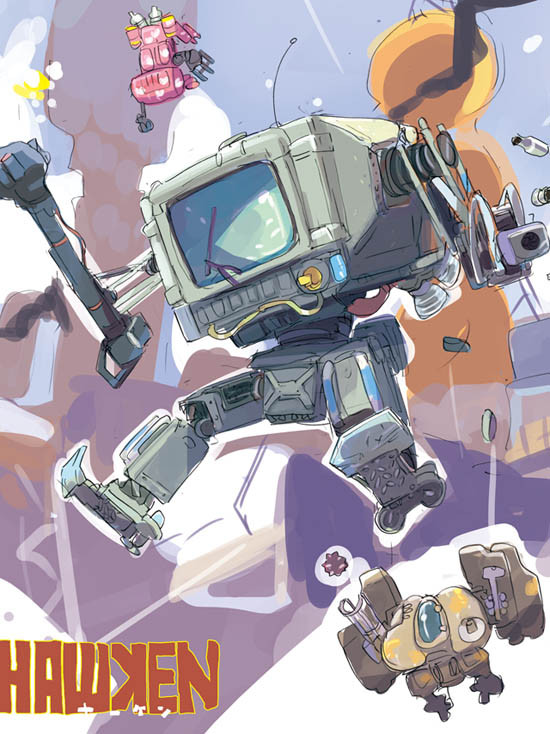 antenna_hair, armor, cr-t_recruit, destruction, full_body, grenadier_(hawken), hashimoto_shin, hawken, machinery, mecha, no_humans, robot, robot_joints, rock, scout_(hawken), screen, smoke, television