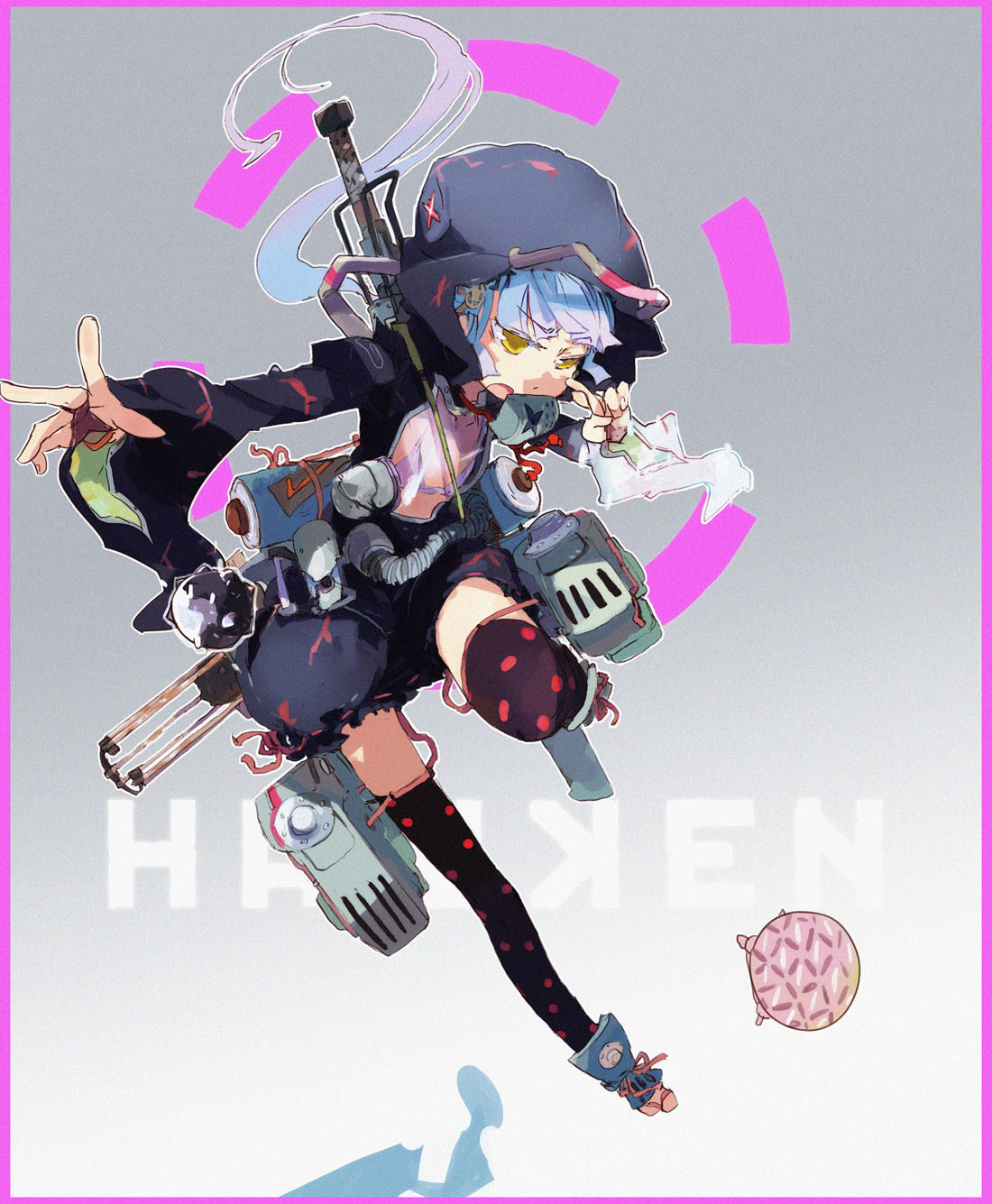 1girl, bikini, blue_hair, flat_chest, hashimoto_shin, hawken, highres, hood, infiltrator, long_hair, mecha_musume, ninja, ponytail, see-through, solo, swimsuit, thigh-highs, yellow_eyes