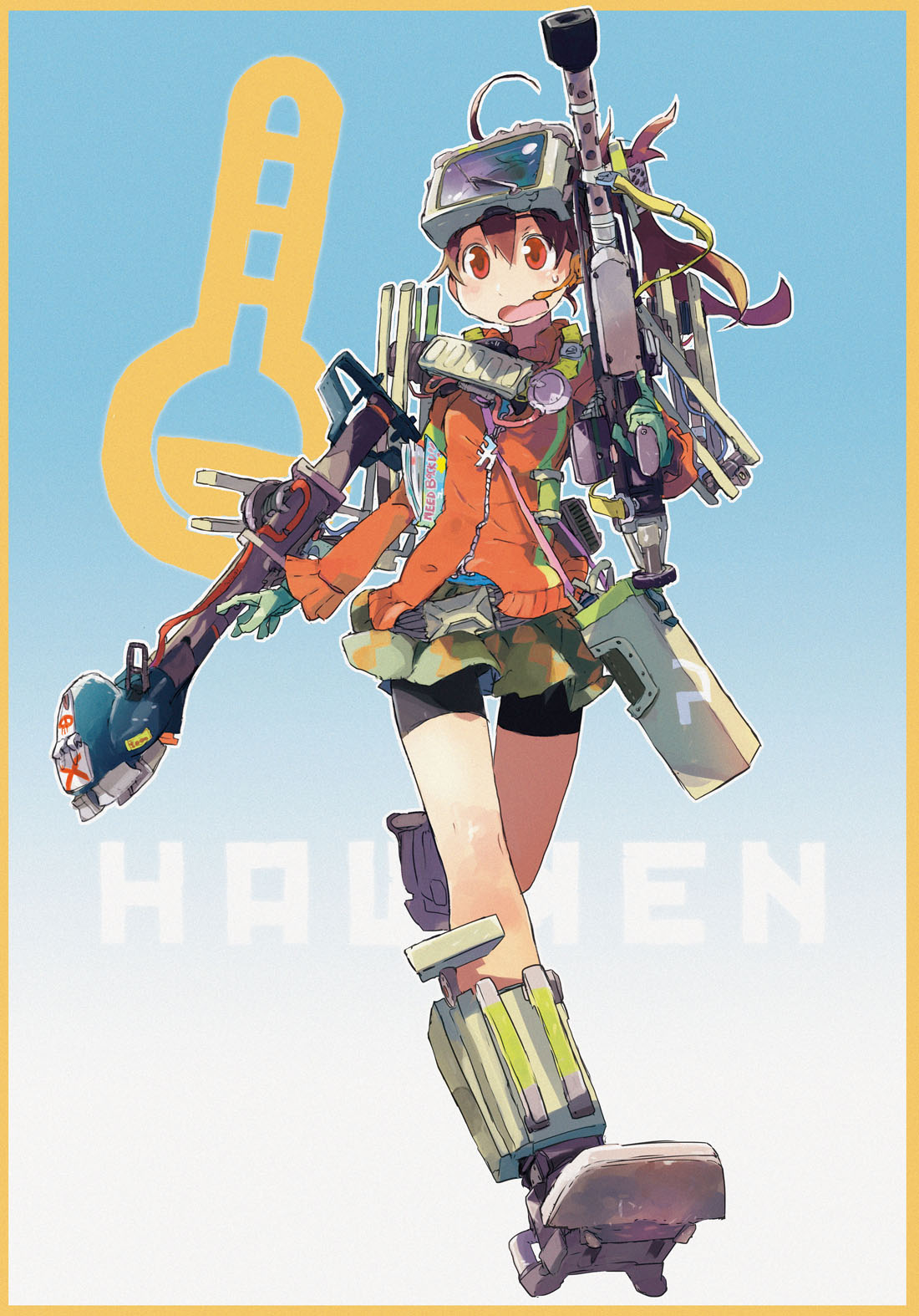 1girl, bike_shorts, boots, brown_hair, cr-t_recruit, gloves, gun, hashimoto_shin, hat, hawken, highres, long_hair, mecha_musume, ponytail, red_eyes, rifle, solo, weapon