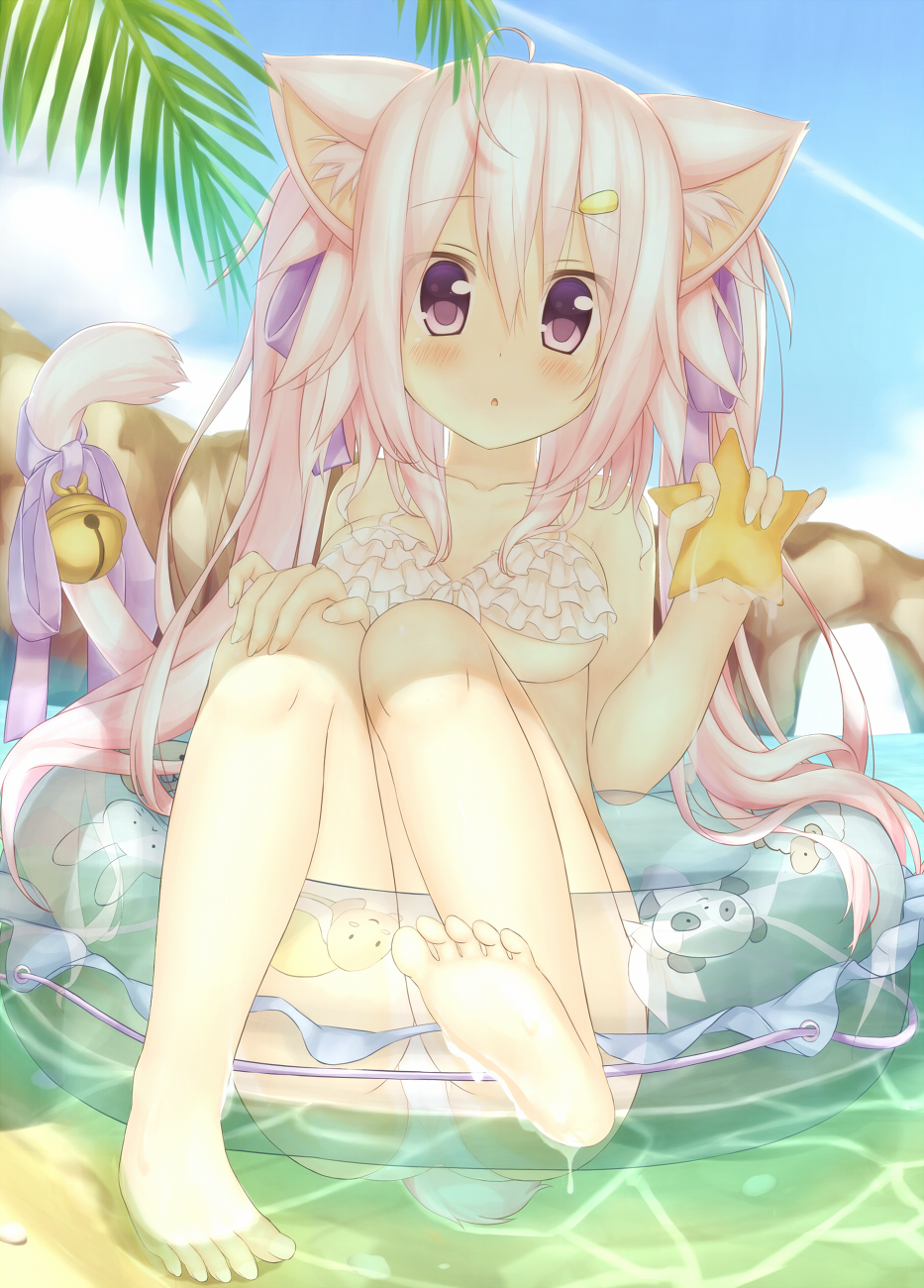 1girl, :o, animal_ears, bare_legs, bare_shoulders, barefoot, beach, bell, bikini, blush, breasts, cat_ears, cat_tail, feet, frilled_bikini, frills, highres, holding, jingle_bell, long_hair, looking_at_viewer, natsume_hinata, ocean, original, pink_eyes, pink_hair, ribbon, soles, solo, starfish, swimsuit, tail, tail_bell, tail_ribbon, toes, twintails, under_boob, very_long_hair, wataru_(zazazazazazawa), water, wide-eyed