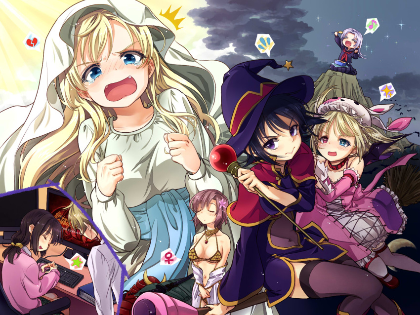 +_+, 1boy, 3:, 6+girls, alternate_breast_size, black_hair, blonde_hair, blue_eyes
