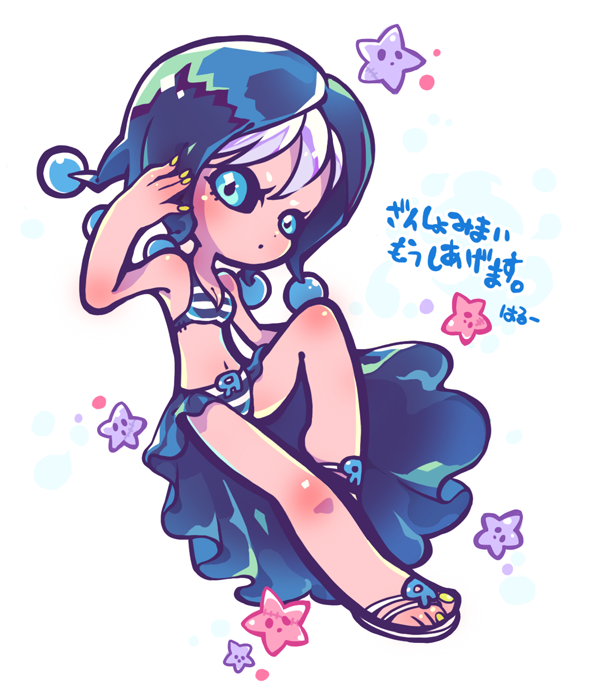 1girl, bikini, black_sclera, blue_eyes, chibi, genderswap, hat, jojo_no_kimyou_na_bouken