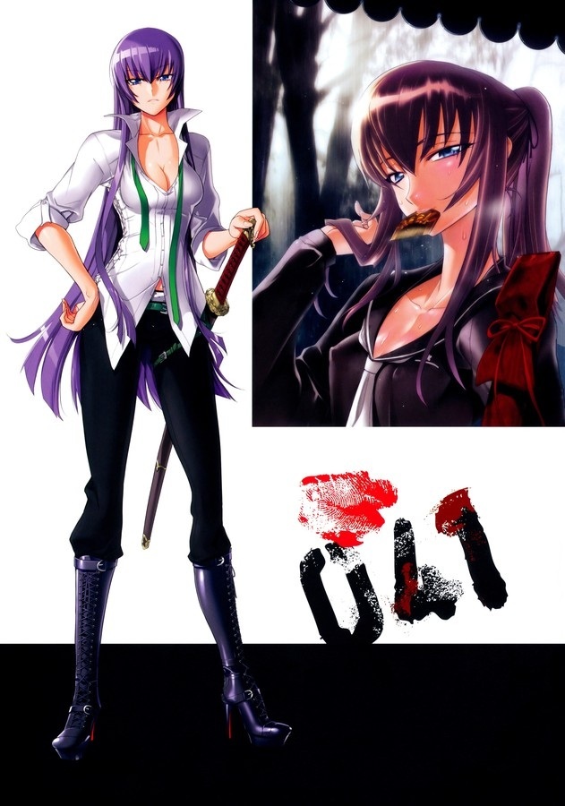 1girl, boots, breasts, busujima_saeko, cleavage, female, high_heel_boots, high_heels