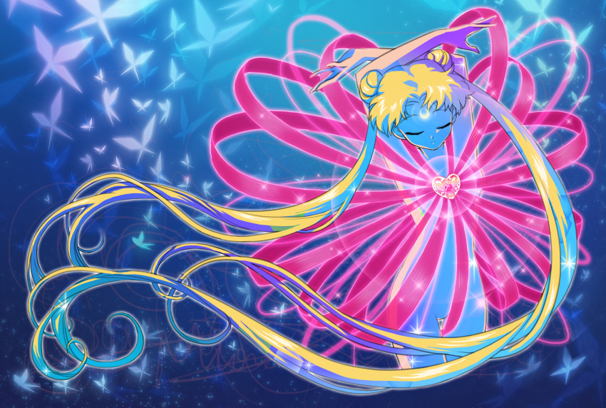 1girl, 90s, arms_up, bishoujo_senshi_sailor_moon, blonde_hair, blue_background, brooch, butterfly