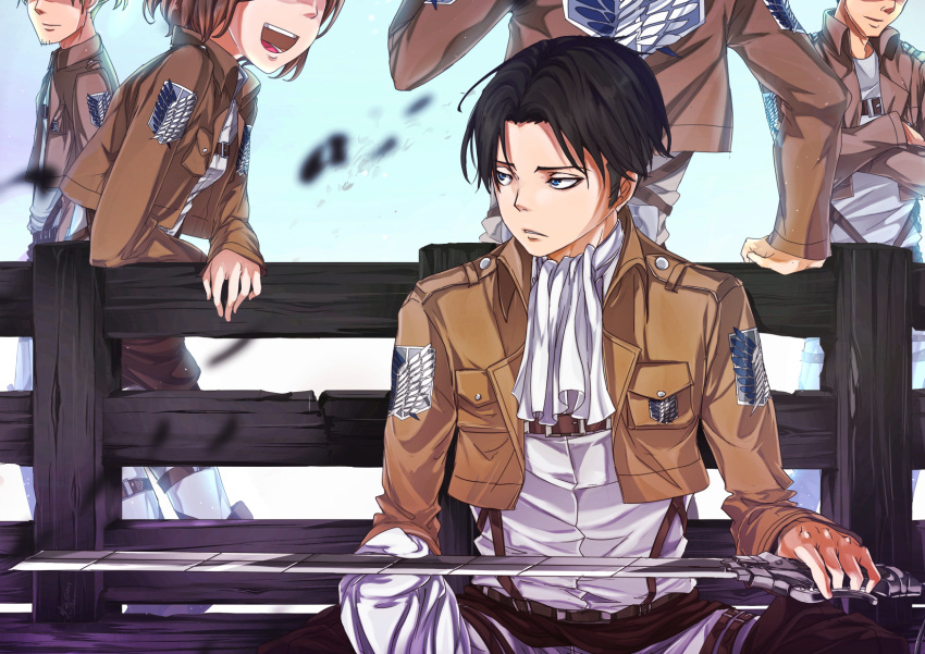 1girl, 4boys, :d, ascot, bench, black_hair, blade, blue_eyes, blue_sky, dewitri, emblem, erd_gin, head_out_of_frame, highres, jacket, levi_(shingeki_no_kyojin), long_sleeves, military, military_uniform, multiple_boys, open_clothes, open_jacket, open_mouth, park_bench, petra_ral, running, shingeki_no_kyojin, sitting, sky, smile, solo_focus, three-dimensional_maneuver_gear, uniform