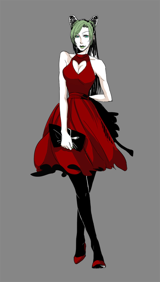 1girl, bag, black_hair, black_legwear, double_bun, dress, green_eyes, green_lipstick