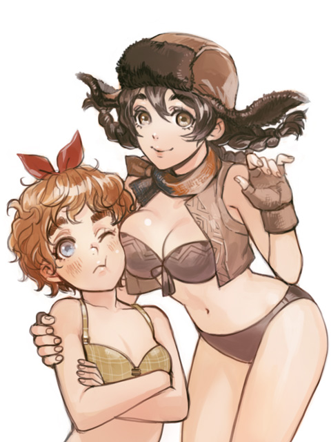 2girls, bikini, bilbo_baggins, black_hair, blue_eyes, bofur, bomber_hat, bow, brown_eyes, brown_hair, crop_top, fingerless_gloves, genderswap, genderswap_(mtf), gloves, hair_bow, hat, long_hair, middle_earth, multiple_girls, one_eye_closed, reammara, short_hair, smile, swimsuit, the_hobbit, twintails, vest, wink