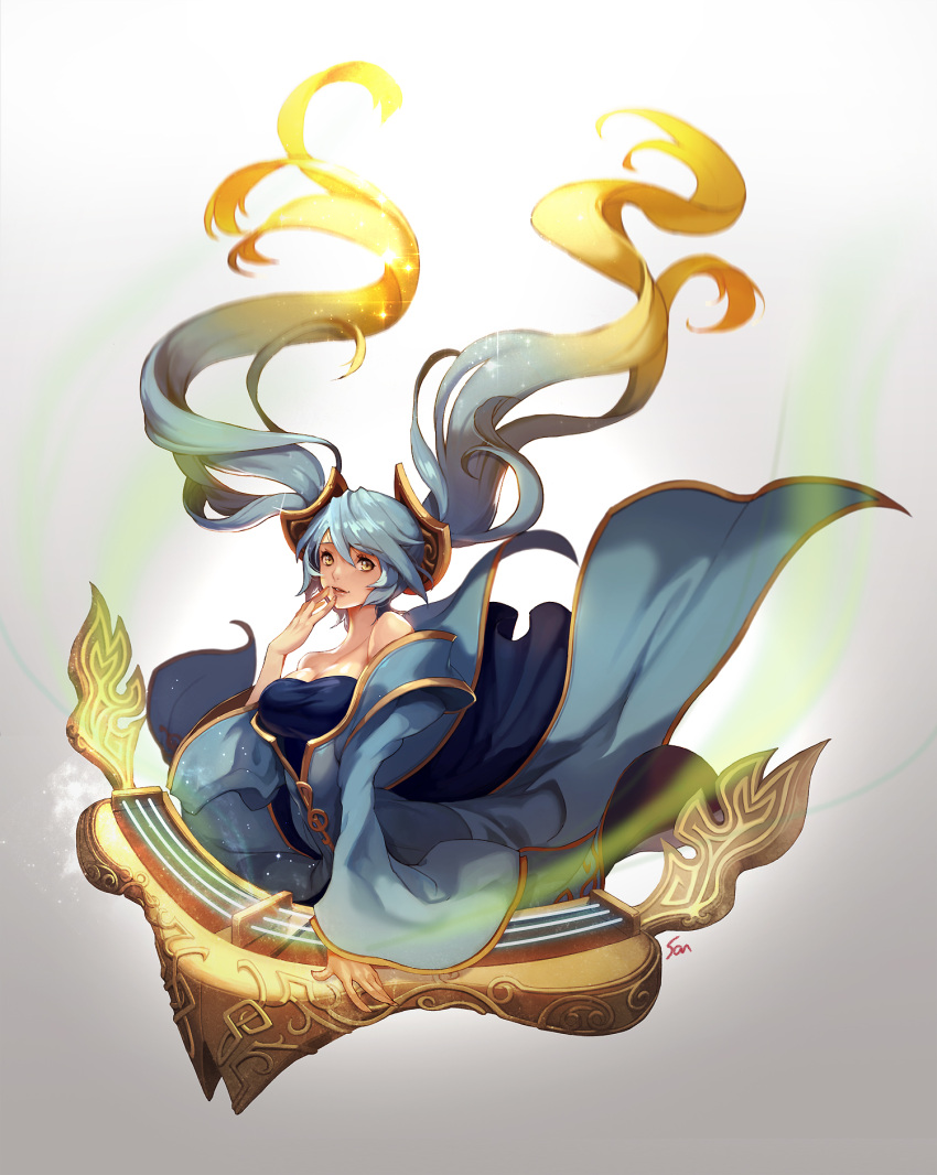 1girl, aqua_hair, bare_shoulders, blonde_hair, blue_hair, breasts, cleavage, floating_hair