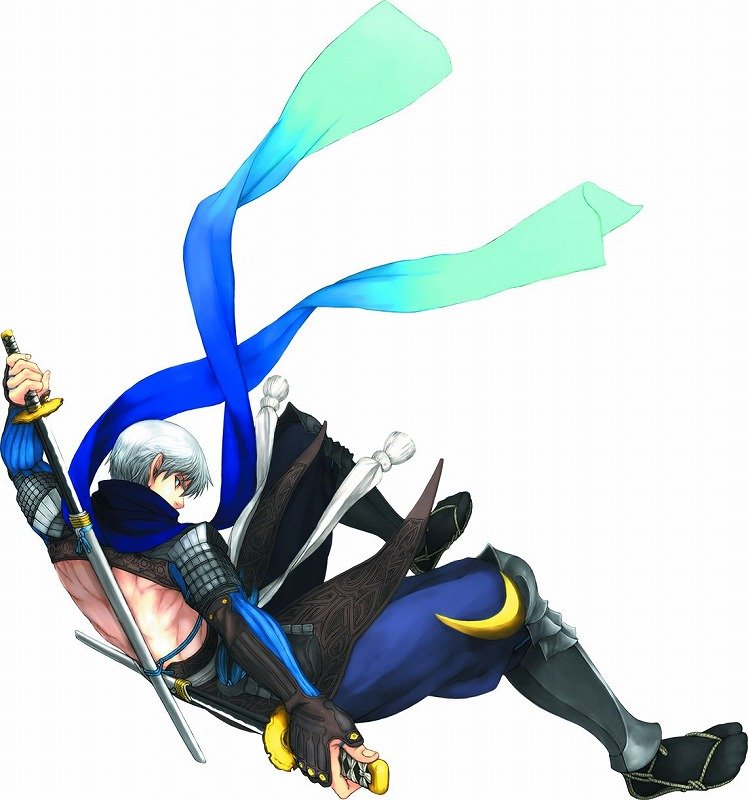 1boy, back_turned, hakama, japanese_clothes, kage_no_densetsu, katana, male, ninja, scarf, short_hair, sword, weapon, white_hair, yukinosuke_kiri