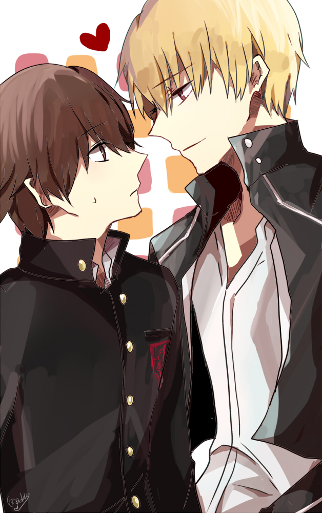 2boys, blonde_hair, brown_hair, eye_contact, fate/extra, fate/extra_ccc, fate_(series), gilgamesh