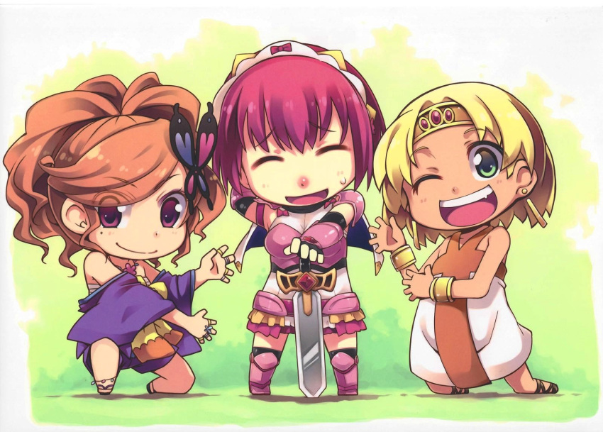 3girls, :d, ;d, ^_^, ageha_(sister_quest), armor, ash_yokoshima, blonde_hair
