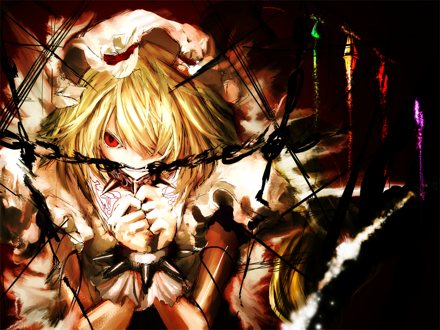 1girl, angry, biting, blonde_hair, chained, chains, fangs, flandre_scarlet