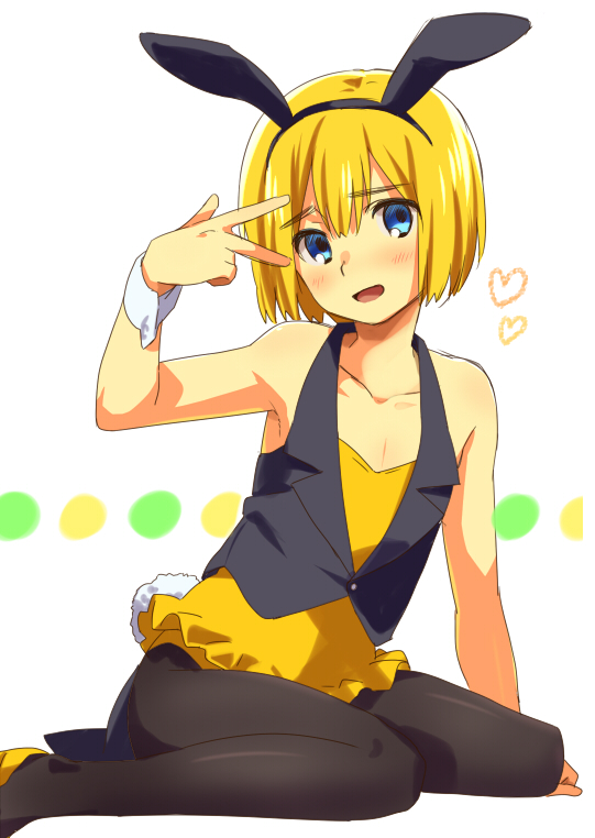 1boy, animal_ears, armin_arlert, blonde_hair, blue_eyes, blush, bunnysuit, pantyhose