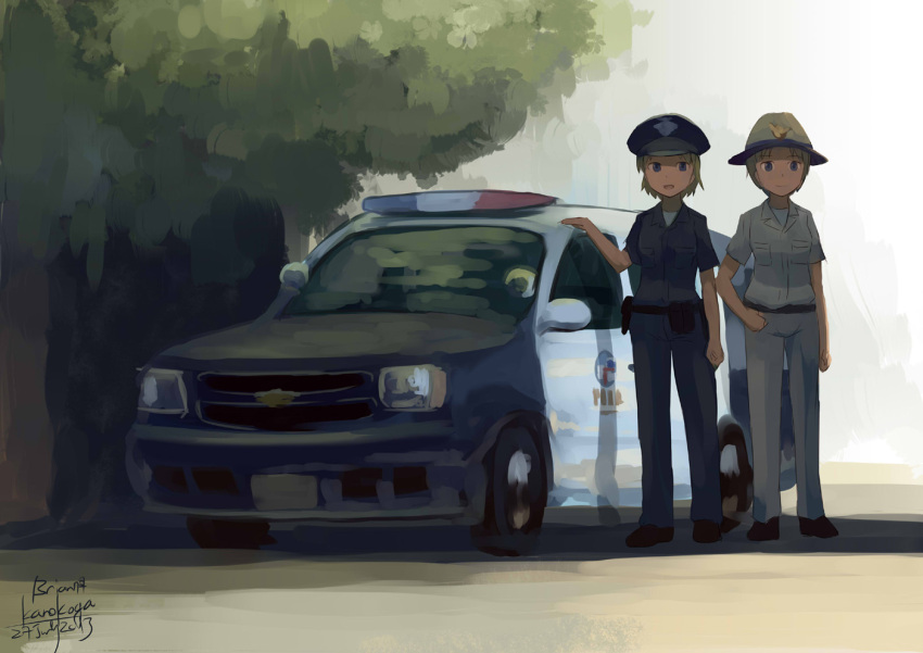 2girls, ar18_(upotte!!), blonde_hair, blue_eyes, campaign_hat, car, chevrolet, chevrolet_suburban
