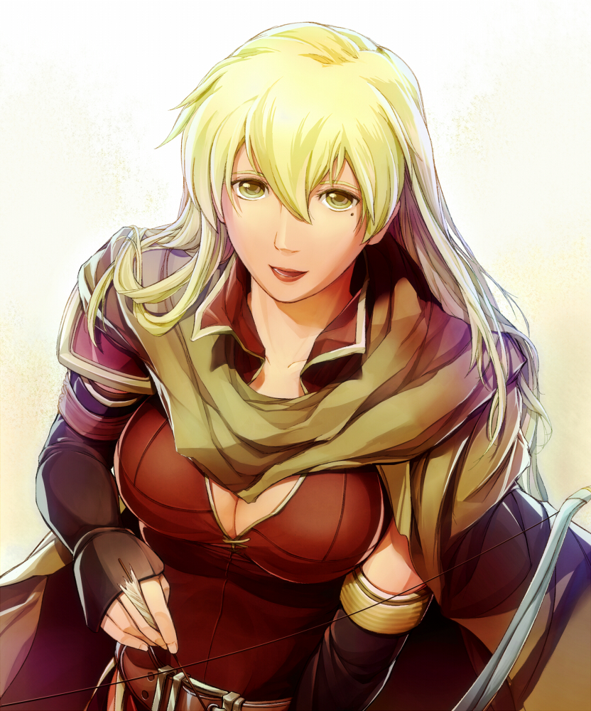 1girl, arrow, blonde_hair, bow_(weapon), breasts, cape, cleavage, elbow_gloves