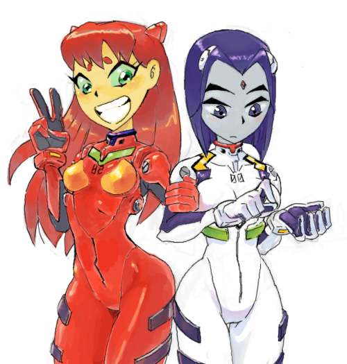 2girls, ayanami_rei, ayanami_rei_(cosplay), cartoon_network, cosplay, crossover, dc_comics, green_eyes, grin, gyosone, jyaddena, long_hair, multiple_girls, neon_genesis_evangelion, plugsuit, raven_(dc), redhead, smile, soryu_asuka_langley_(cosplay), souryuu_asuka_langley, starfire, teen_titans, v