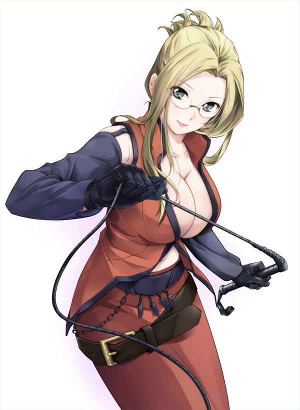 1girl, belt, blonde_hair, blue_eyes, breasts, cleavage, collarbone, final_fantasy, final_fantasy_viii, glasses, gloves, huge_breasts, long_hair, looking_at_viewer, navel, quistis_trepe, smile, solo, teeta_j, whip, white_background